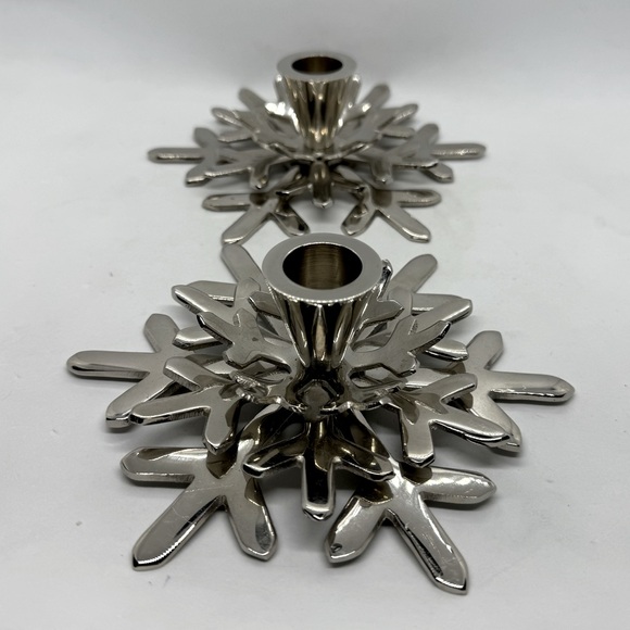 Crate & Barrel Pair of Shiny Snowflake Taper Holders - Picture 2 of 6